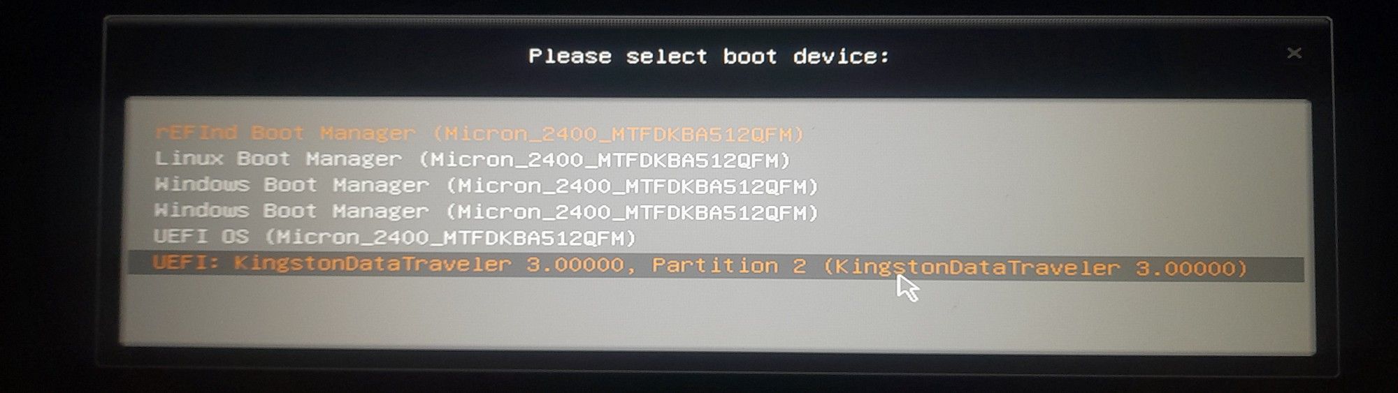 A photo of the boot menu