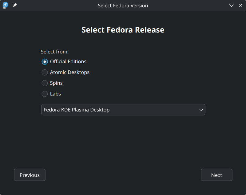 Fedora Media Writer's Select Fedora Release page