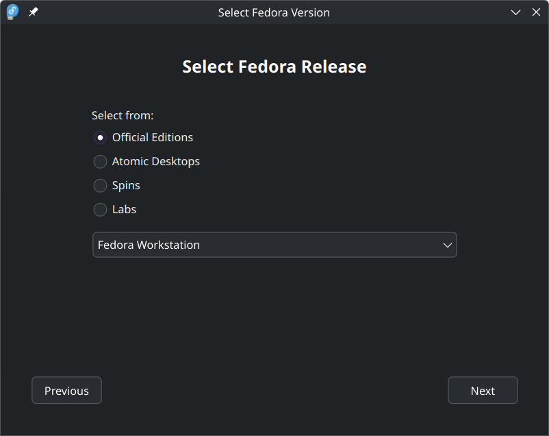 หน้าเลือกรุ่น Fedora ของ Fedora Media Writer