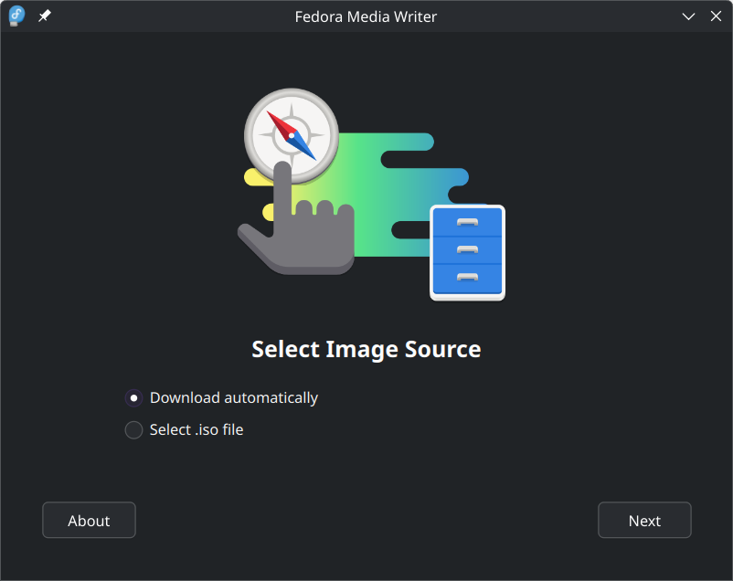 หน้าเลือกแหล่งอิมเมจของ Fedora Media Writer