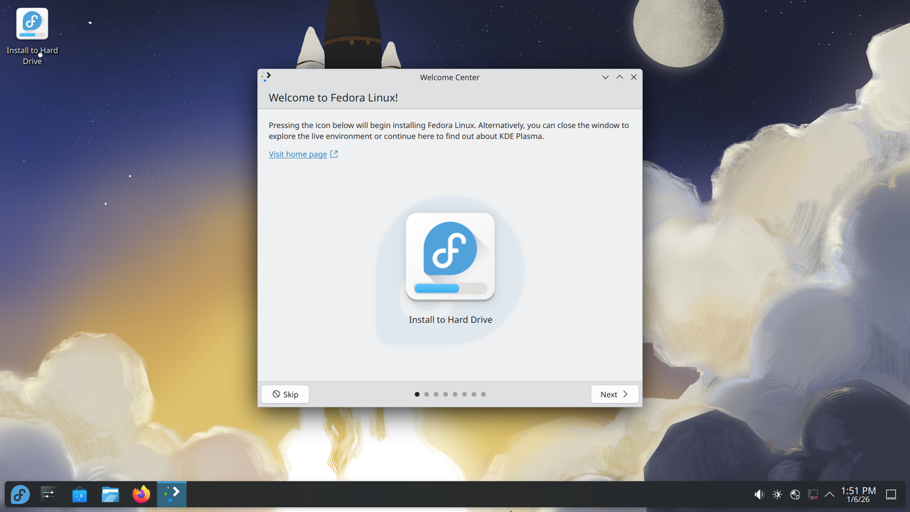 The desktop view, with a Welcome window