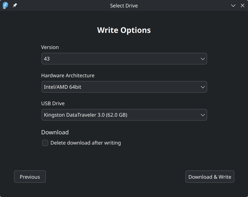 หน้าตัวเลือกการเขียนของ Fedora Media Writer