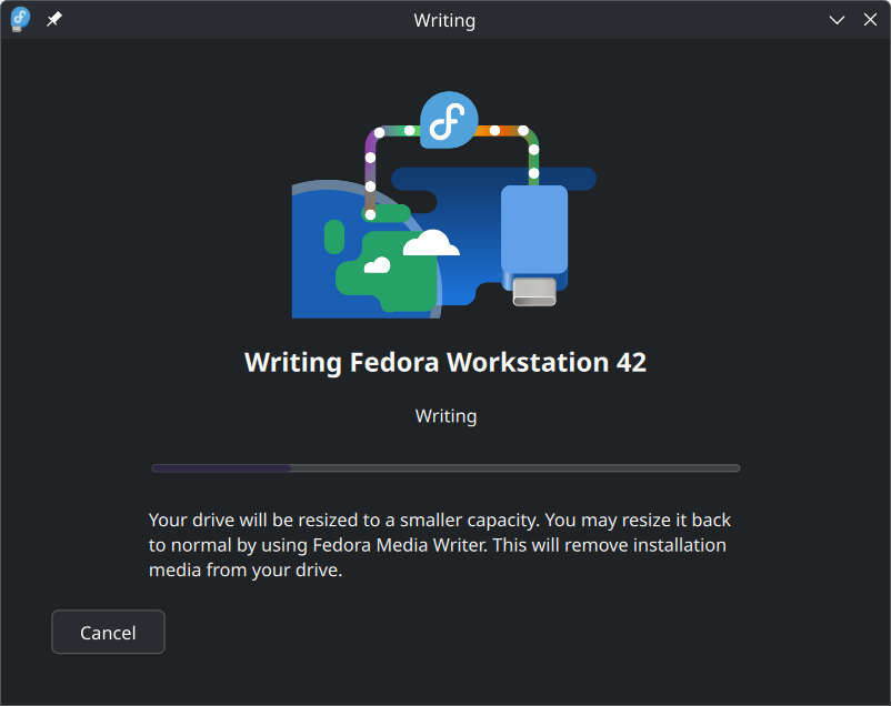 หน้าแสดงการเขียนของ Fedora Media Writer